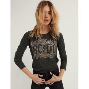 Lucky Brand M Acdc Floral Tee Long Sleeve Black Gray Gold Metallic Tshirt Top